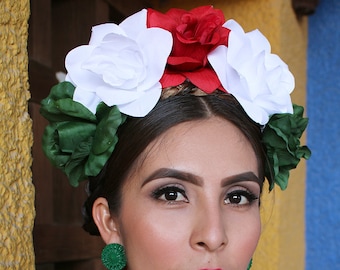 Mexican Flower Crown Headband (Red White Green Costume Day of the Dead Headpiece Wreath Mexican Wedding Cinco De Mayo Head Crown Costume)