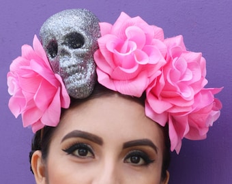 Pink Flower Crown Headband (Costume Day of the Dead Headpiece Wreath Dia De los Muertos Sugar Skull Skeleton Costume Goth Gothic Mexican)