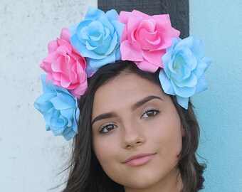 Pink Blue Flower Crown Headband (Gender Revealing Party Boy Girl Reveal Baby Shower Headpiece Pregnant Pregnancy Photoshoot Prop Flower Halo