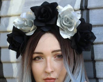 Silver Black Flower Crown Headband (Costume Day of the Dead Headpiece Wreath Mexican Floral Crown Goth Gothic Party Music Festival)