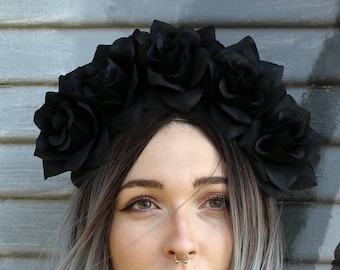 Black Flower Crown Headband (Day of the Dead Headpiece Goth Gothic Costume Wreath Catrina Sugar Skull Crown Cosplay Skeleton Punk Rock Gift)