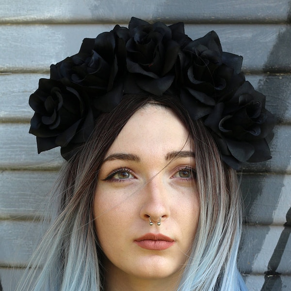 Black Flower Crown Headband (Day of the Dead Headpiece Goth Gothic Costume Wreath Catrina Sugar Skull Crown Cosplay Skeleton Punk Rock Gift)