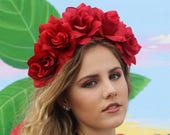 Red Rose Flower Crown Headband (Mexican Wedding Bridal Headpiece Bride Music Festival Boho Wedding Gypsy Bridesmaids Wreath Adult Girl)
