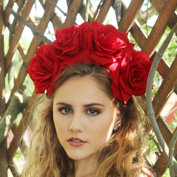 Large Red Rose Flower Crown Headband (Mexican Wedding Bridal Headpiece Bride Party Music Festival Boho Gypsy Bridesmaids Adult Wreath Party)