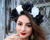 Black White Flower Crown Headband (Costume Day of the Dead Headpiece Dia De los Muertos Wreath Sugar Skull Headdress Skeleton Goth Gothic)