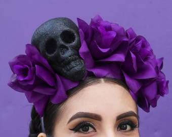 Purple Flower Crown Headband (Day of the Dead Headpiece Mexican Headdress Goth Gothic Floral Dia De Los Muertos Skeleton Sugar Skull Costume