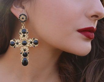 Gold Cross Earrings (Mexican Wedding Earrings Religious Catholic Earrings Costume Stocking Stuffer Gift for Her Mexico Faith Jewelry Boho)