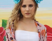 Green Blue Flower Crown Headband (Bridal Headpiece Bridesmaids Boho Wedding Mexican Floral Crown Flower Girl Wreath Day of the Dead Party)