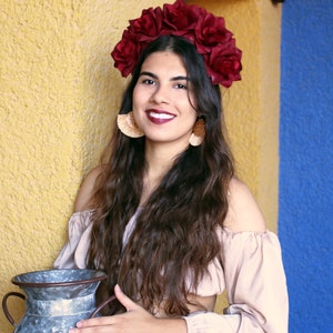 Dark Red Rose Flower Crown Headband Mexican Wedding Bridal Headpiece Bride Music Festival Boho Bridesmaids Bohemian Gypsy Frida Kahlo image 5