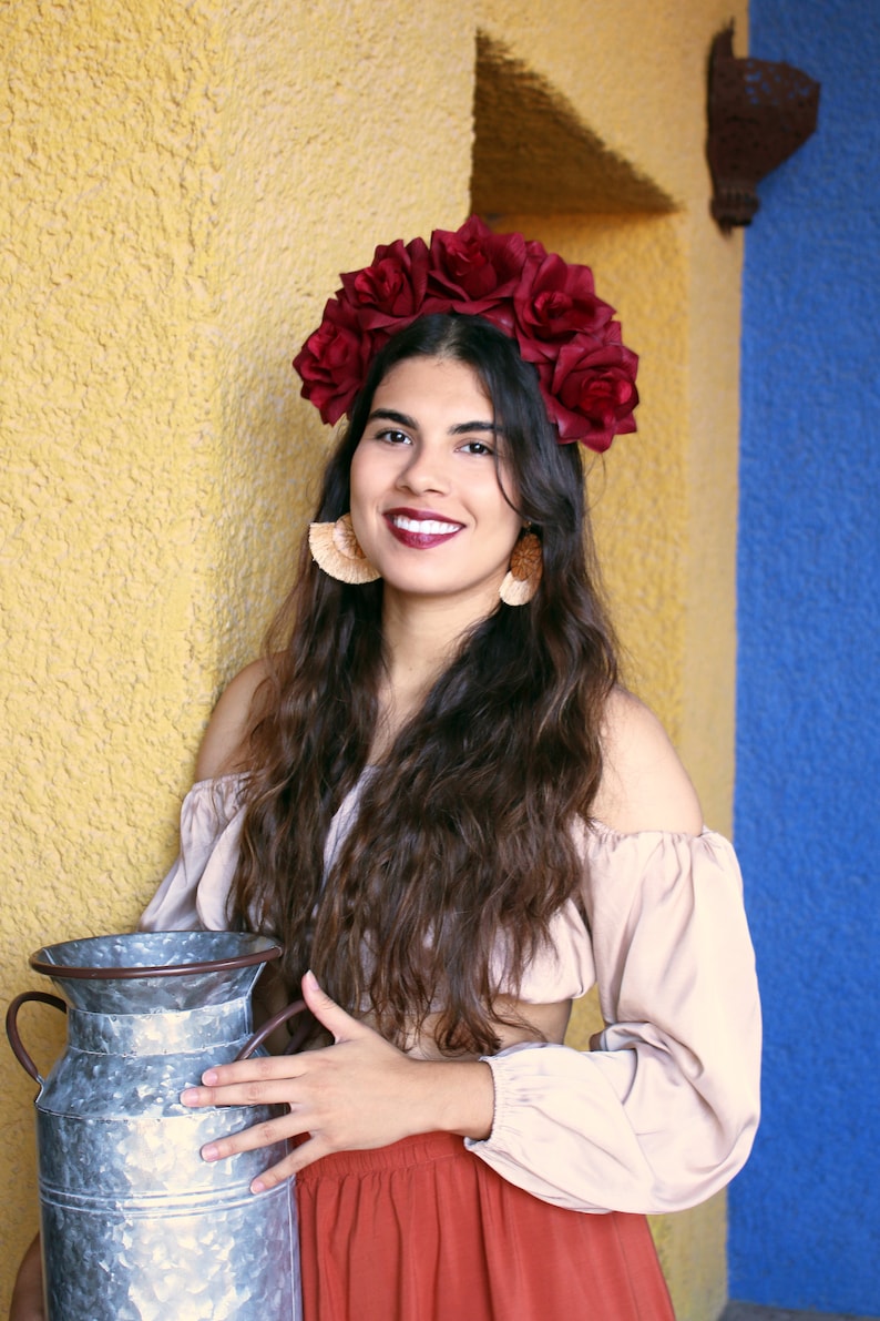 Dark Red Rose Flower Crown Headband Mexican Wedding Bridal Headpiece Bride Music Festival Boho Bridesmaids Bohemian Gypsy Frida Kahlo image 5