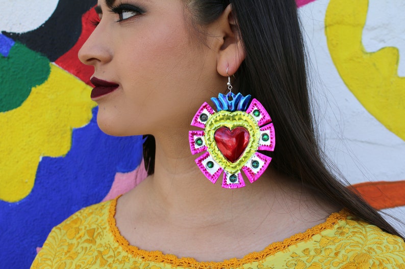 Mexican Earrings Flaming Heart Earrings Tin Kahlo Frida Earrings Milagro Earrings Sacred Heart Hojalata Valentines Day Earrings Costume image 2