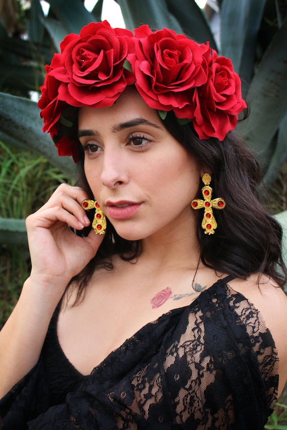 Gold Cross Earrings Mexican Wedding Earrings Religious Catholic Earrings Faith Jewelry Boho Gypsy Large Statement Earrings Gift Goddess
