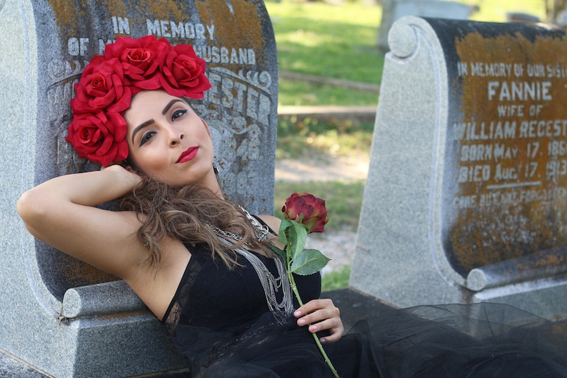 Large Red Rose Flower Crown Headband Mexican Wedding Bridal Headpiece Bride Party Music Festival Boho Gypsy Bridesmaids Adult Wreath Party image 9