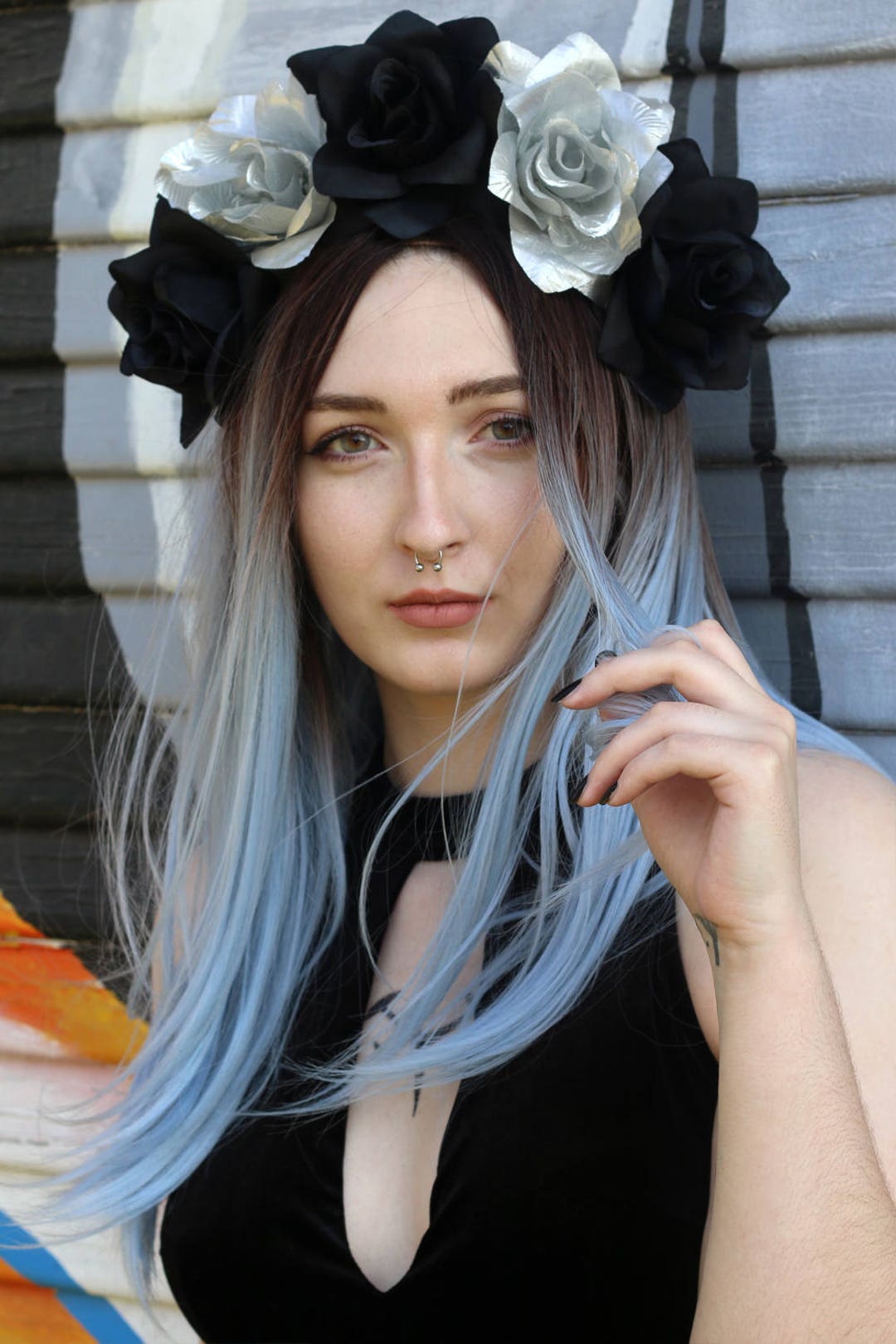 Silver Black Flower Crown Headband costume Day of the Dead - Etsy