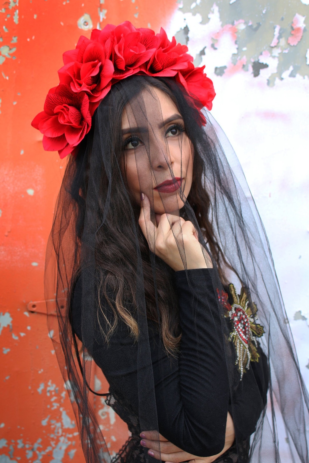 Red Rose WITH BLACK VEIL Flower Crown (headband Mexican  display picture 1