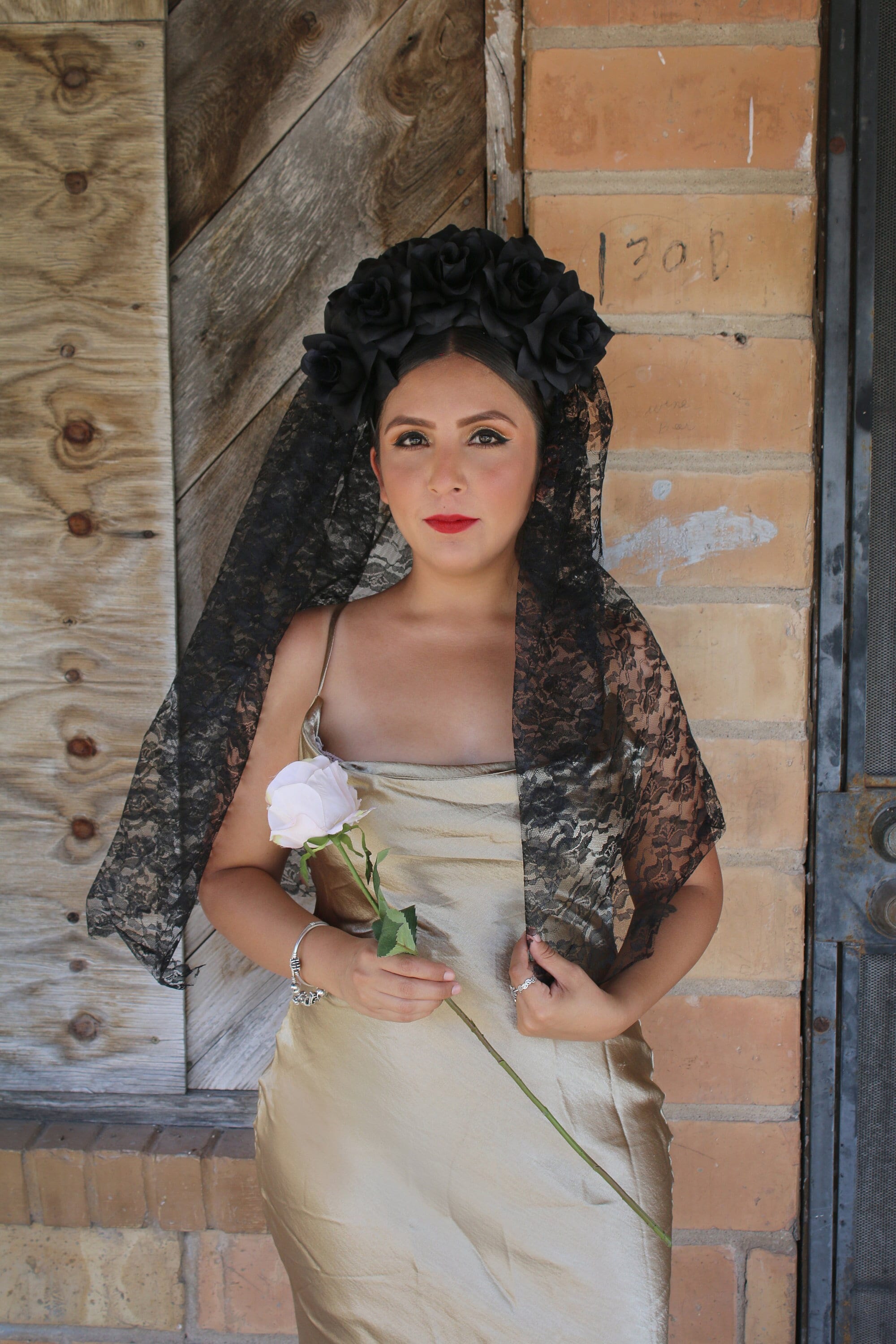Elegant Black Floral Headpiece with Veil Red Rose WITH BLACK VEIL Flower Crown (headband Mexican  main image 2