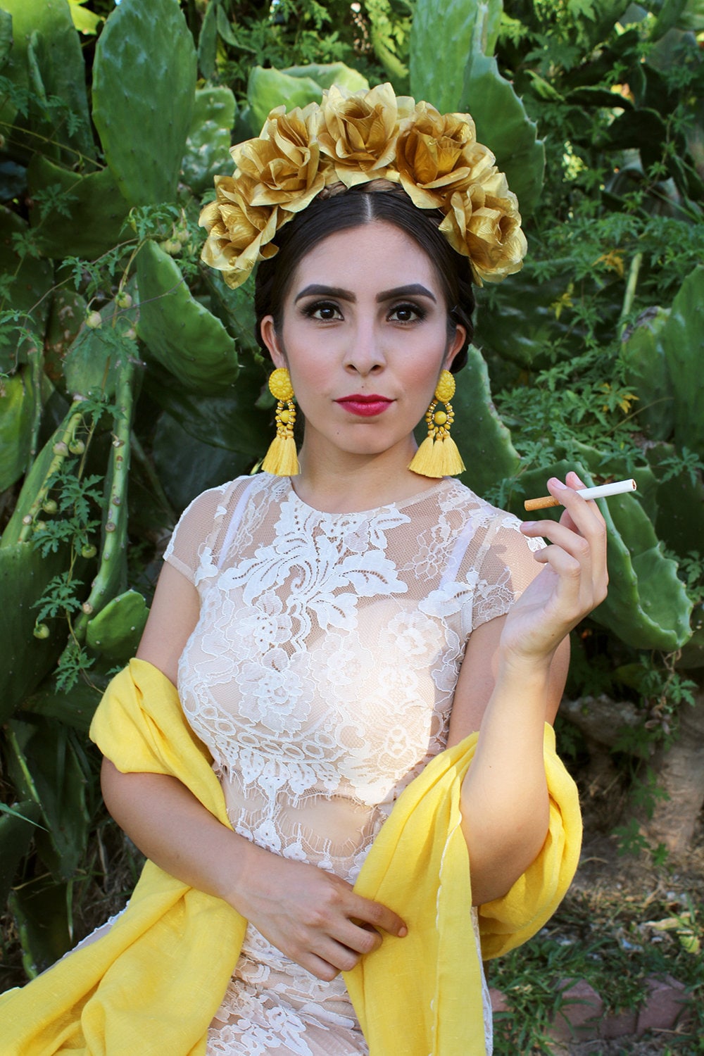 Mexican Elegant Floral Head Piece with Gold Metal Accents Citlali Headpiece main image 2