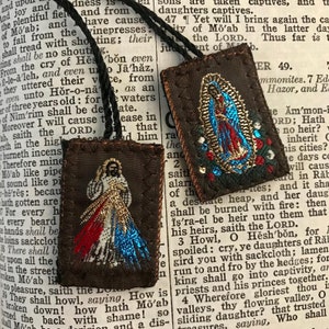 Catholic Scapular (Brown/Blue Scapular Necklace Religious Gift Catholic Bracelet Jesus Christ Saint Mary Mexican Embroidered Protection Gift