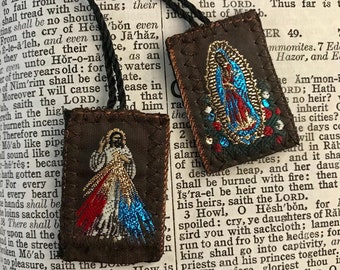 Catholic Scapular (Brown/Blue Scapular Necklace Religious Gift Catholic Bracelet Jesus Christ Saint Mary Mexican Embroidered Protection Gift