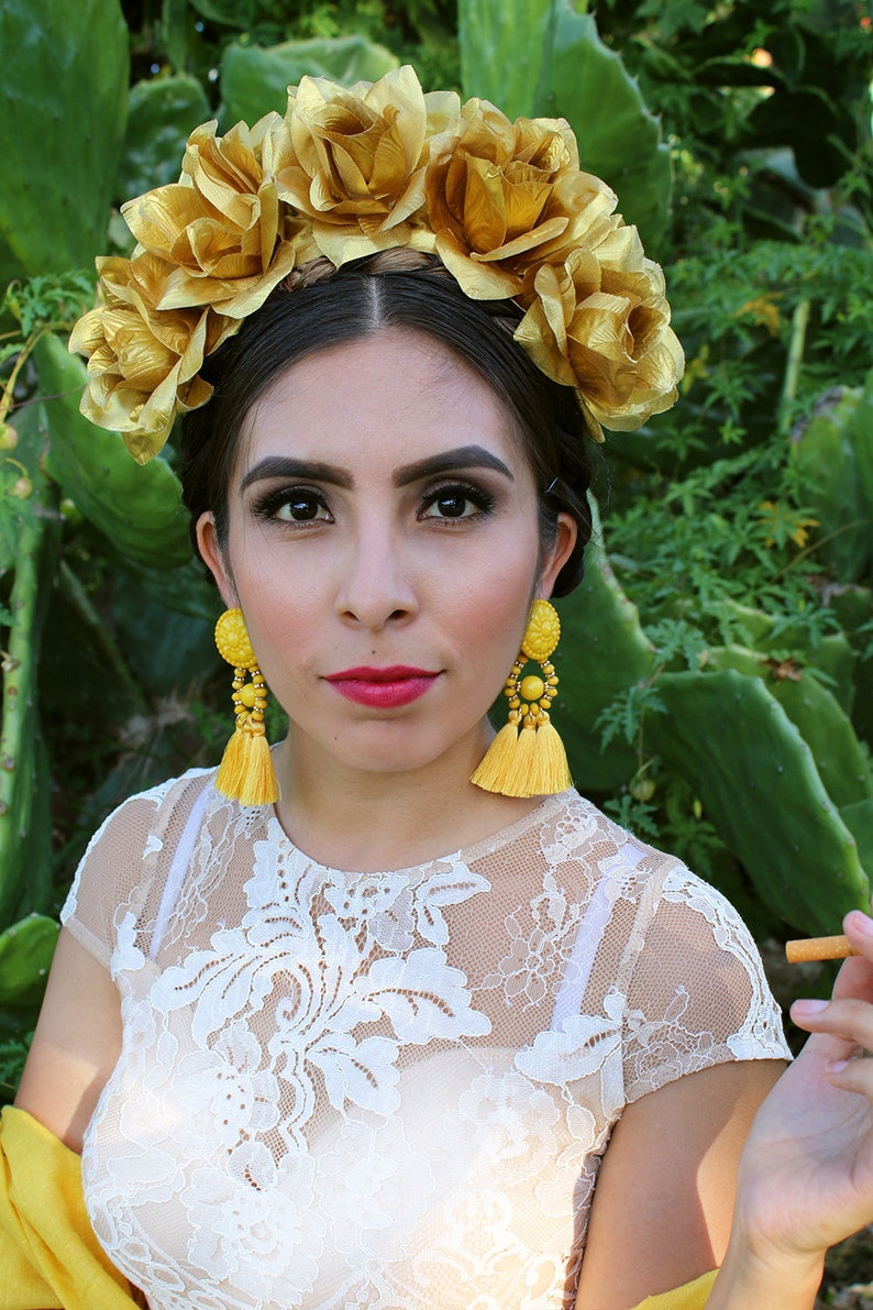 Gold Flower Crown Headband mexican Winter Wedding Bridal - Etsy