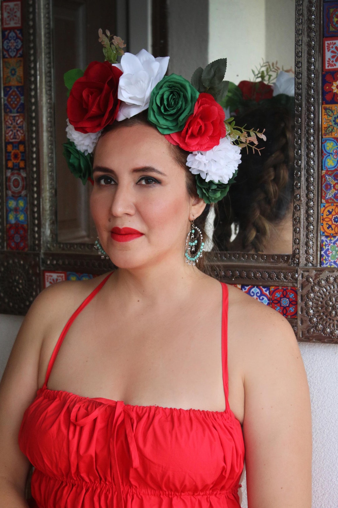 Mexican Flower Crown Headband (red White Green Costume Day  display picture 1