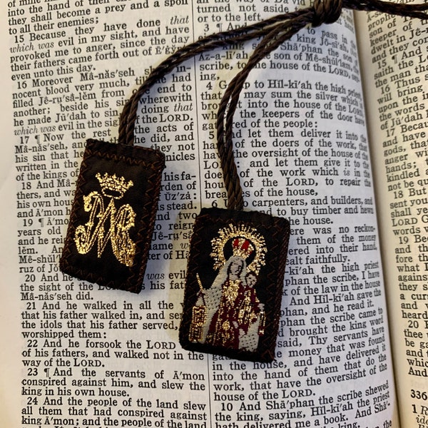 Catholic Scapular (Brown/Gold Ave Maria) Necklace Religious Small Gift Catholic Bracelet Jesus Christ St Mary Mexican Embroidered Protection