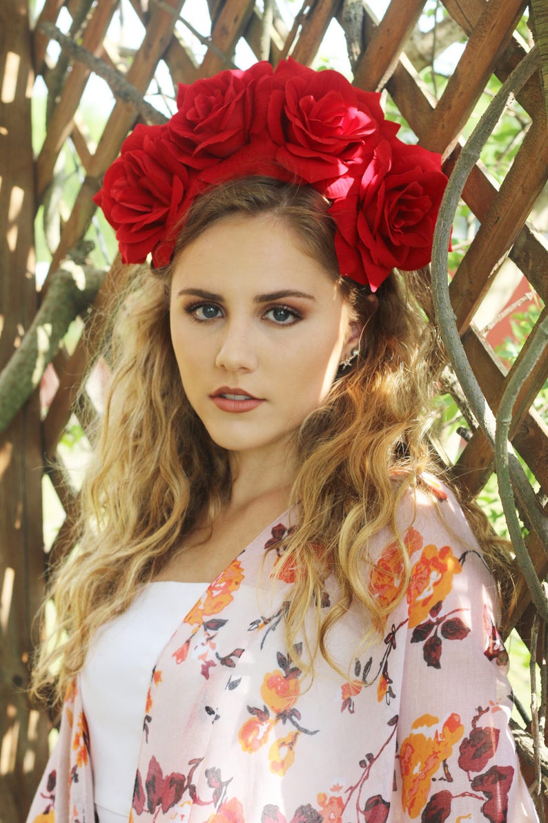 Large Red Rose Flower Crown Headband Mexican Wedding Bridal Headpiece Bride Party Music Festival Boho Gypsy Bridesmaids Adult Wreath Party image 1