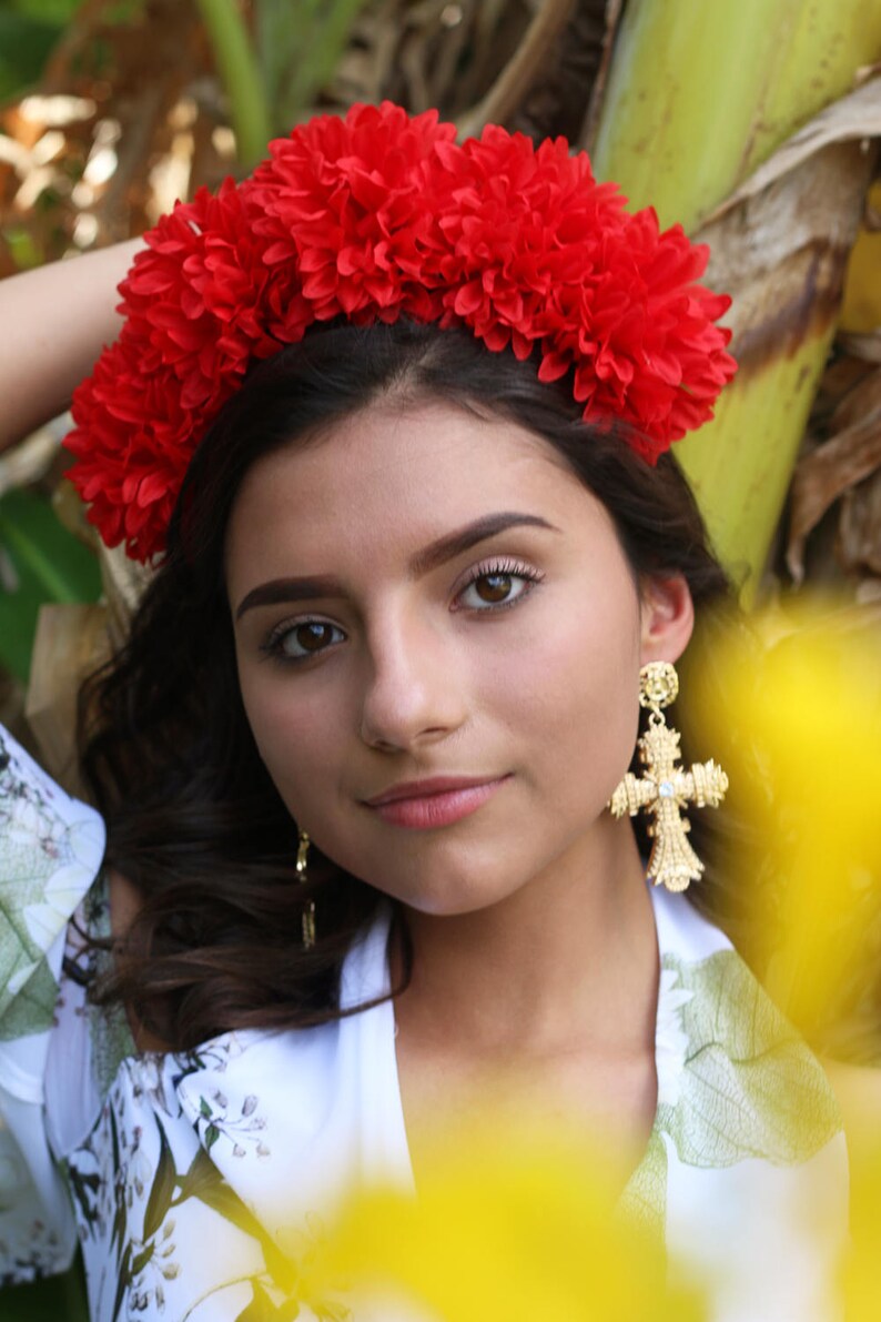 Red Carnation Flower Crown Headband Mexican Wedding Bridal Headpiece Bride Party Music Festival Boho Gypsy Bridesmaids Adult Wreath Party image 3