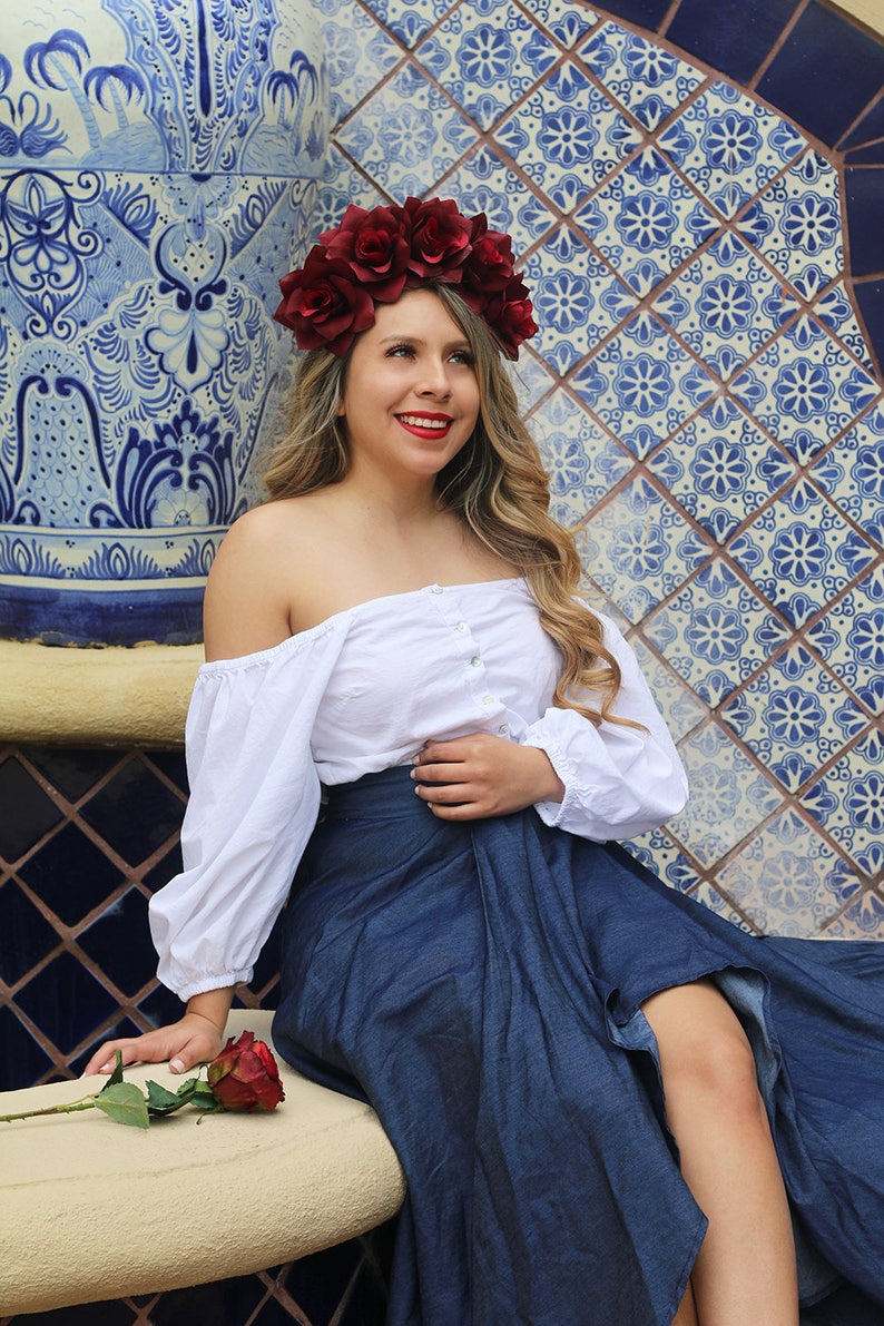 Dark Red Rose Flower Crown Headband Mexican Wedding Bridal Headpiece Bride Music Festival Boho Bridesmaids Bohemian Gypsy Frida Kahlo image 3