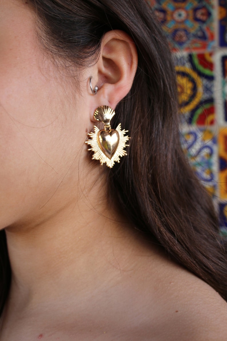 Mexican Heart Earrings Flaming Heart Earrings Earrings Milagro Earrings Sacred Heart Valentines Day Earrings Gold Frida Khalo Costume image 1