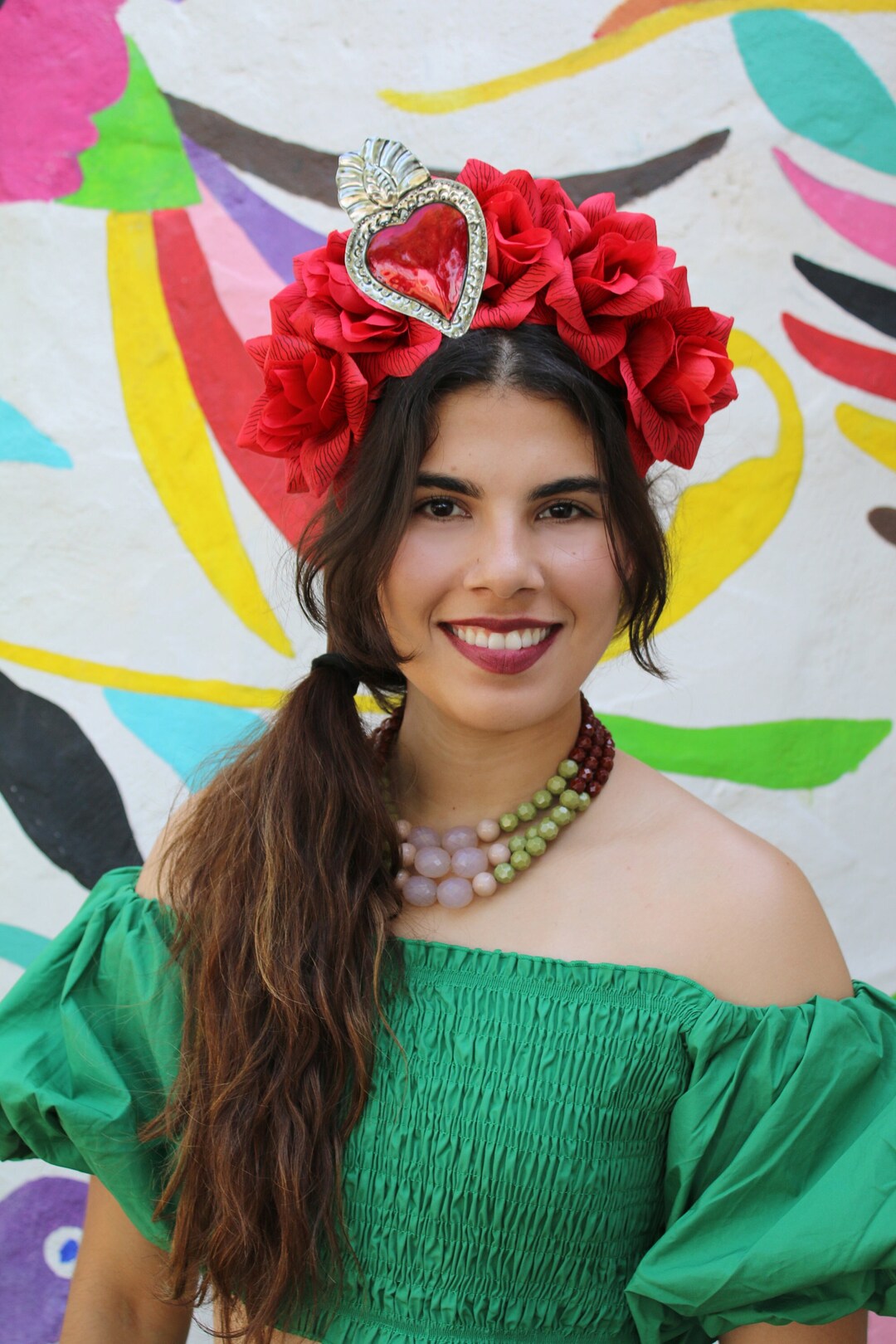 Red Mexican Flower Crown flaming Heart Headpiece Tin Kahlo Etsy