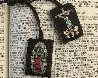 Catholic Scapular (Brown Green Scapular Necklace Religious Gift Catholic Bracelet Jesus Christ Saint Mary Mexican Embroidered Protection)