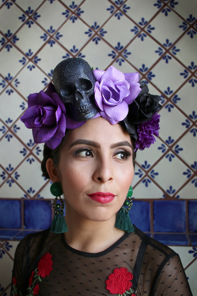 Purple Black Flower Crown Headband Mexican Day of the Dead Etsy