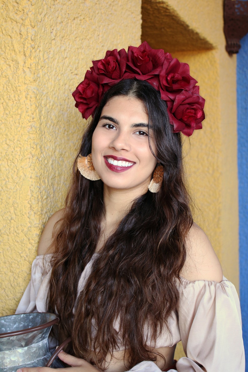 Dark Red Rose Flower Crown Headband Mexican Wedding Bridal Headpiece Bride Music Festival Boho Bridesmaids Bohemian Gypsy Frida Kahlo image 4