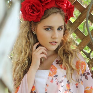 Large Red Rose Flower Crown Headband Mexican Wedding Bridal Headpiece Bride Party Music Festival Boho Gypsy Bridesmaids Adult Wreath Party image 5