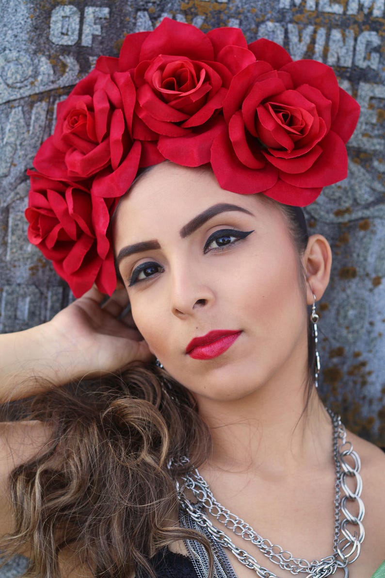 Large Red Rose Flower Crown Headband Mexican Wedding Bridal Headpiece Bride Party Music Festival Boho Gypsy Bridesmaids Adult Wreath Party image 6