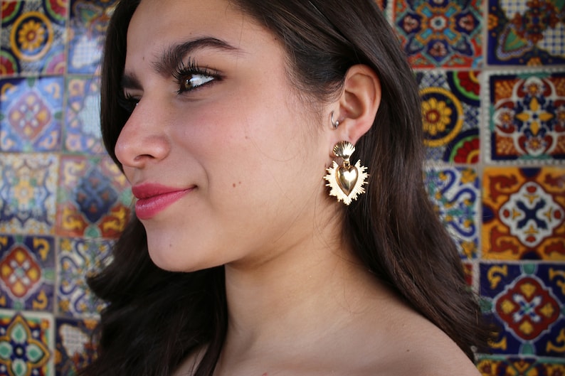 Mexican Heart Earrings Flaming Heart Earrings Earrings Milagro Earrings Sacred Heart Valentines Day Earrings Gold Frida Khalo Costume Gold