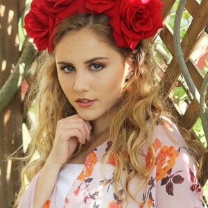 Large Red Rose Flower Crown Headband Mexican Wedding Bridal Headpiece Bride Party Music Festival Boho Gypsy Bridesmaids Adult Wreath Party image 3