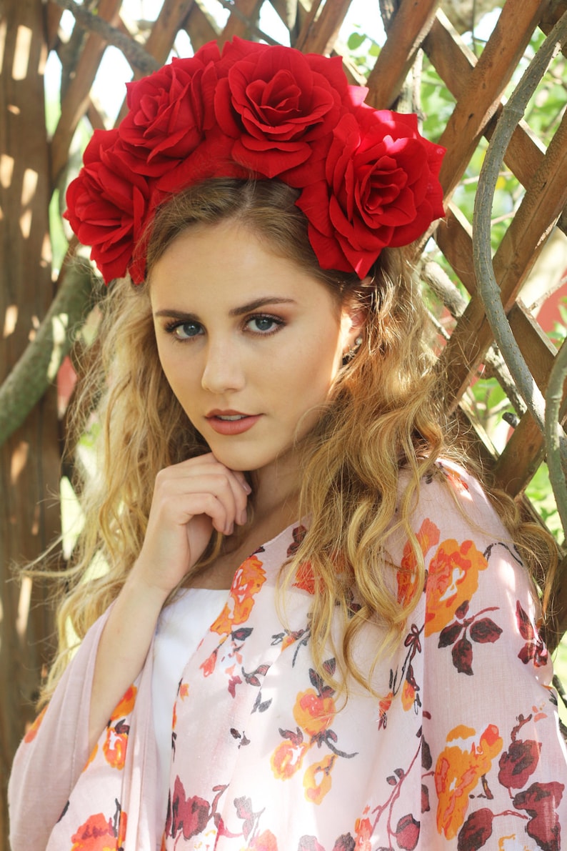 Large Red Rose Flower Crown Headband Mexican Wedding Bridal Headpiece Bride Party Music Festival Boho Gypsy Bridesmaids Adult Wreath Party image 3