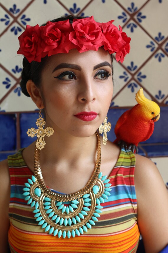 Red Rose Flower Crown Headband Mexican Winter Wedding Bridal