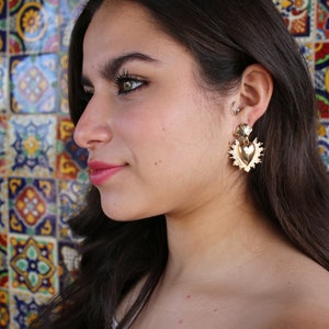 Mexican Heart Earrings Flaming Heart Earrings Earrings Milagro Earrings Sacred Heart Valentines Day Earrings Gold Frida Khalo Costume image 4
