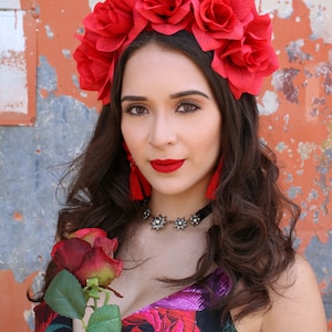 Red Rose Flower Crown Headband Mexican Wedding Bridal Headpiece Bride Music Festival Boho Wedding Gypsy Bridesmaids Wreath Adult Girl image 2