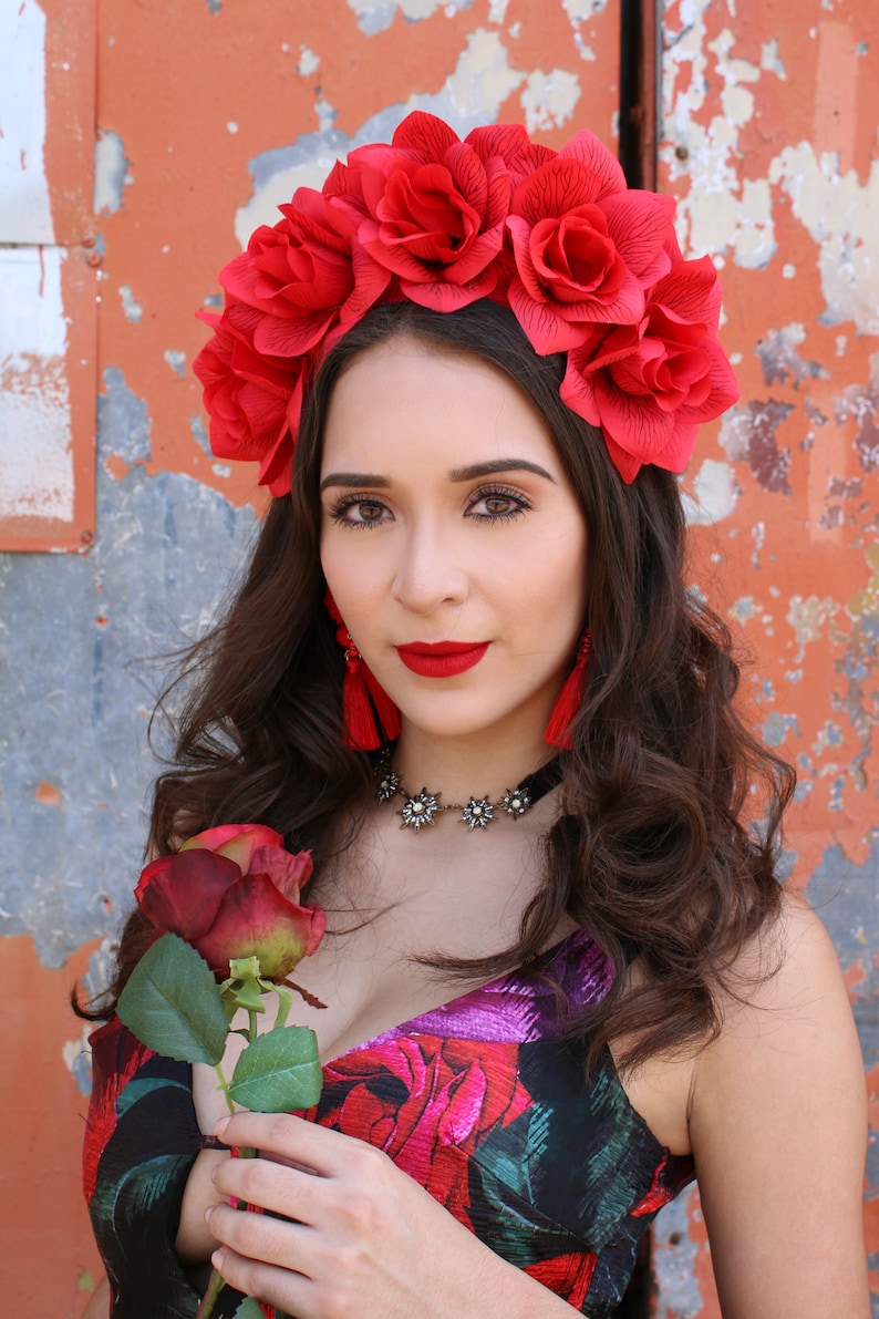 Red Rose Flower Crown Headband Mexican Wedding Bridal Headpiece Bride Music Festival Boho Wedding Gypsy Bridesmaids Wreath Adult Girl image 2