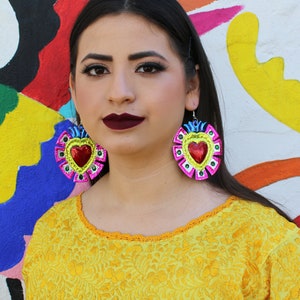 Mexican Earrings Flaming Heart Earrings Tin Kahlo Frida Earrings Milagro Earrings Sacred Heart Hojalata Valentines Day Earrings Costume image 3