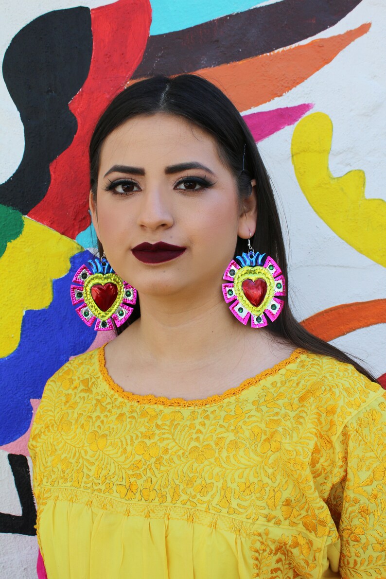 Mexican Earrings Flaming Heart Earrings Tin Kahlo Frida Earrings Milagro Earrings Sacred Heart Hojalata Valentines Day Earrings Costume image 3