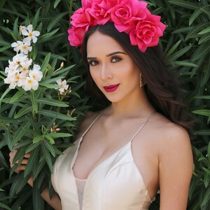 Hot Pink Flower Crown Headband Mexican Wedding Bridal Headpiece Bride Party Music Festival Boho Bridesmaids Adult Wreath Magenta image 3
