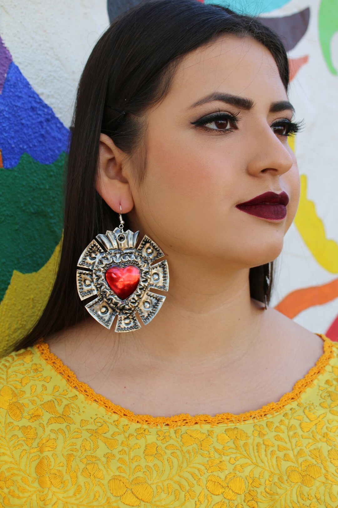 Mexican Earrings flaming Heart Earrings Tin Kahlo Frida Earrings