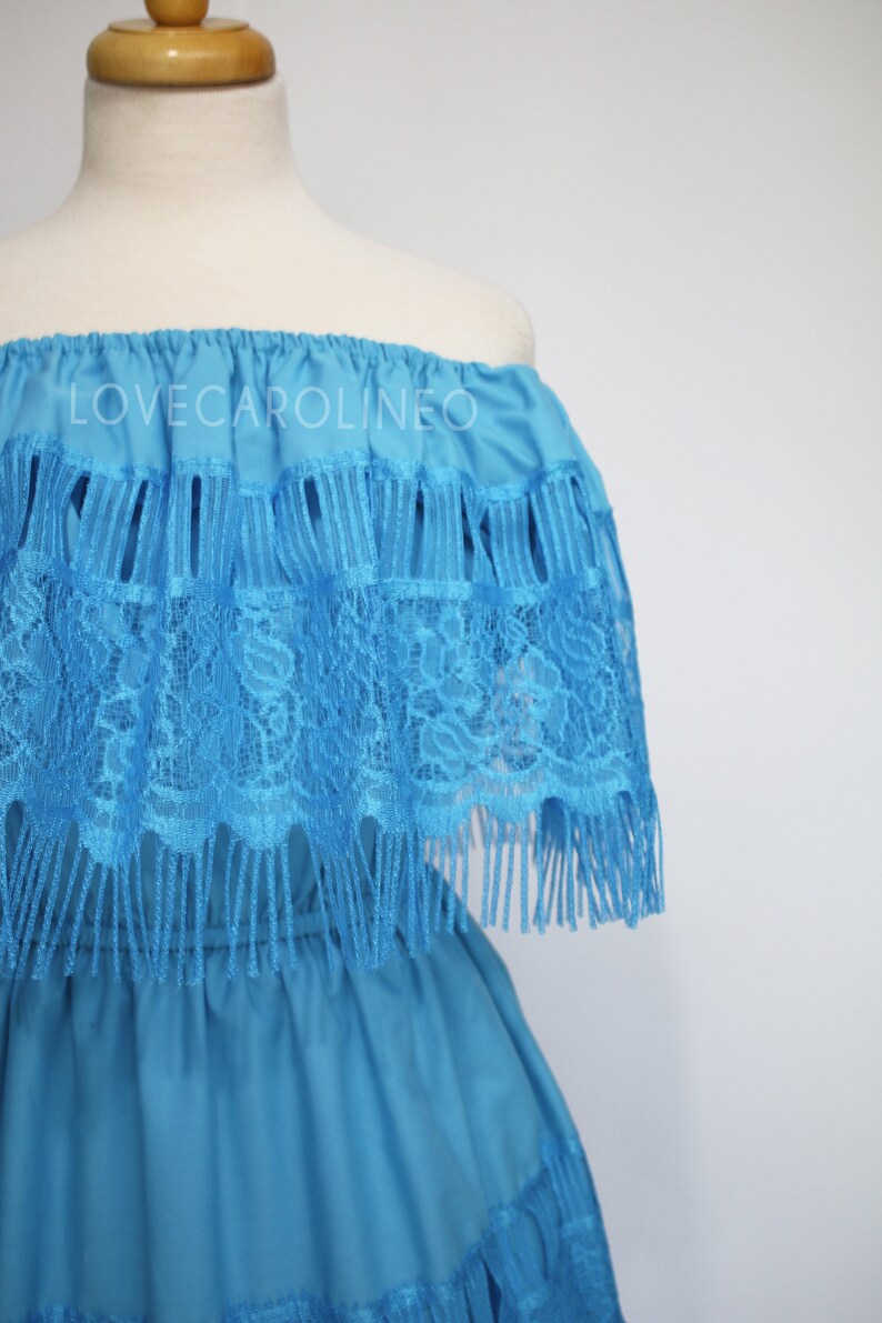 Blue Mexican Dress traditional Bridesmaid Lace off Shoulder - Etsy