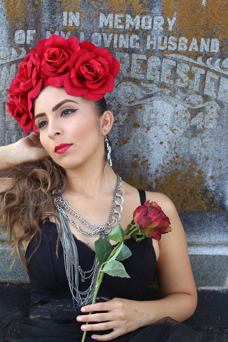 Large Red Rose Flower Crown Headband Mexican Wedding Bridal Headpiece Bride Party Music Festival Boho Gypsy Bridesmaids Adult Wreath Party image 8