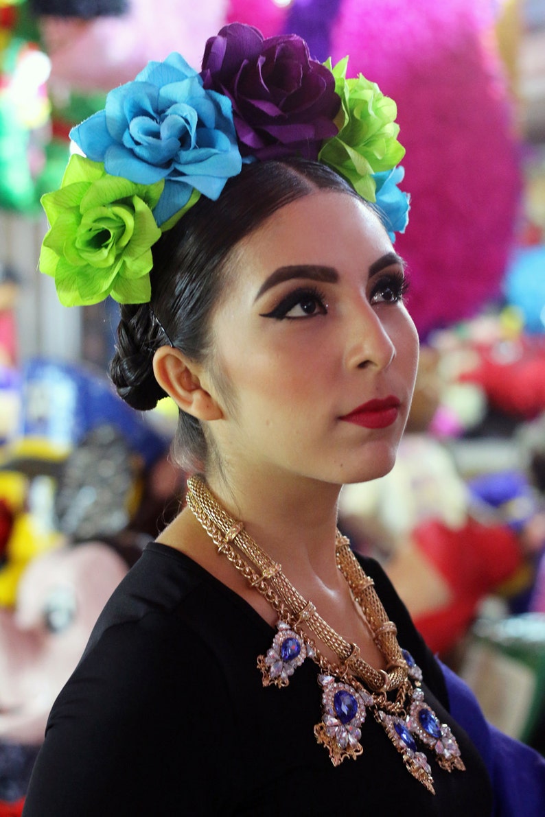 Purple Blue Green Flower Crown Headband Gothic Costume Day of the Dead Headpiece Wreath Dia De los Muertos Catrina Sugar Skull Skeleton image 1